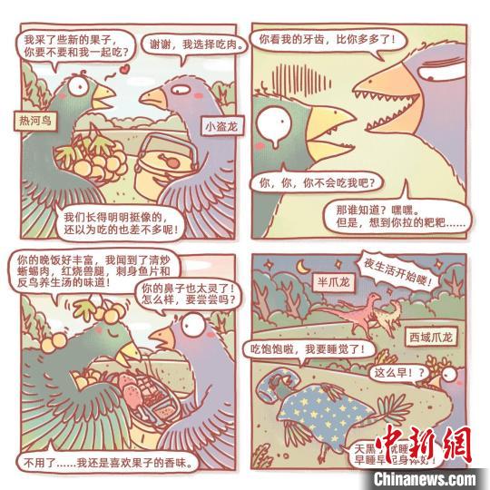 根據此次熱河鳥研究成果繪制的漫畫(燁子/繪)。　中科院古脊椎所 供圖