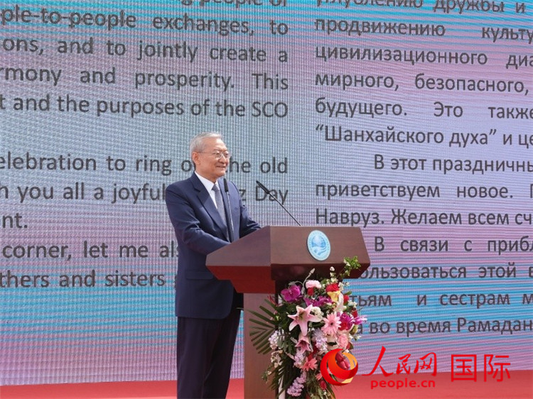 上海合作組織秘書長張明致辭。人民網 褚夢琦攝