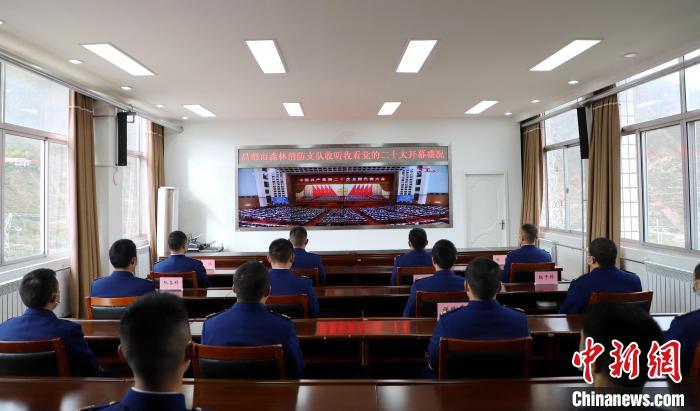 圖為西藏昌都市森林消防支隊收看二十大開幕直播?！⌒焖寂?攝